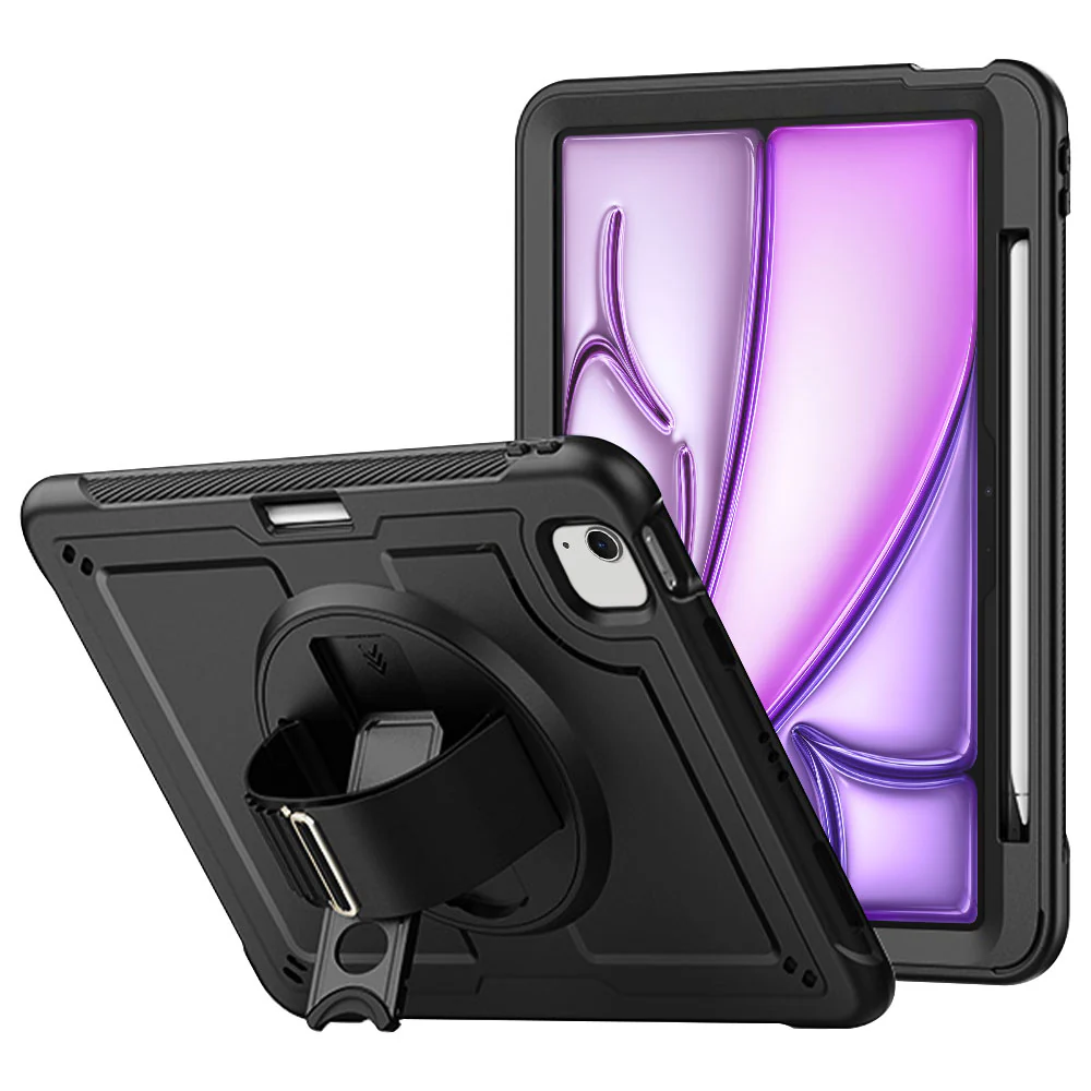 HEN-iPad-A6 | iPad Air 13 (M2) / (M3) / (M4) | 2 Layers Protective Rugged Case with Loopback Hand Strap and Kick-stand