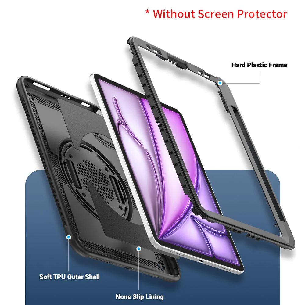 HEN-iPad-A6 | iPad Air 13 (M2) / (M3) / (M4) | 2 Layers Protective Rugged Case with Loopback Hand Strap and Kick-stand - Image 8