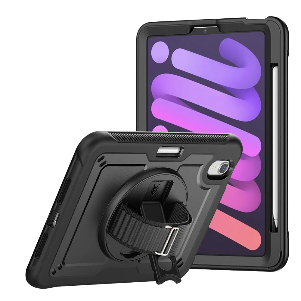 HEN-iPad-M6 | iPad mini (A17 Pro) | 2 Layers Protective Rugged Case with Loopback Hand Strap and Kick-stand