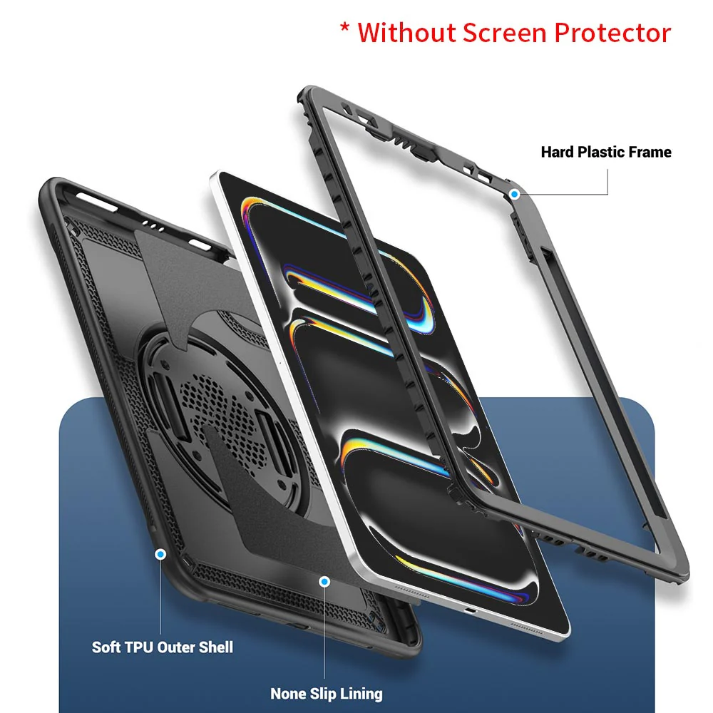 HEN-iPad-PR11 | iPad Pro 11 (M4) / (M5) | 2 Layers Protective Rugged Case with Loopback Hand Strap and Kick-stand - Image 7