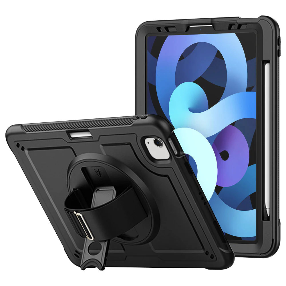 HEN-iPad-PR6 | iPad Air 4 2020 / iPad Air 5 2022 | 2 Layers Protective Rugged Case with Loopback Hand Strap and Kick-stand