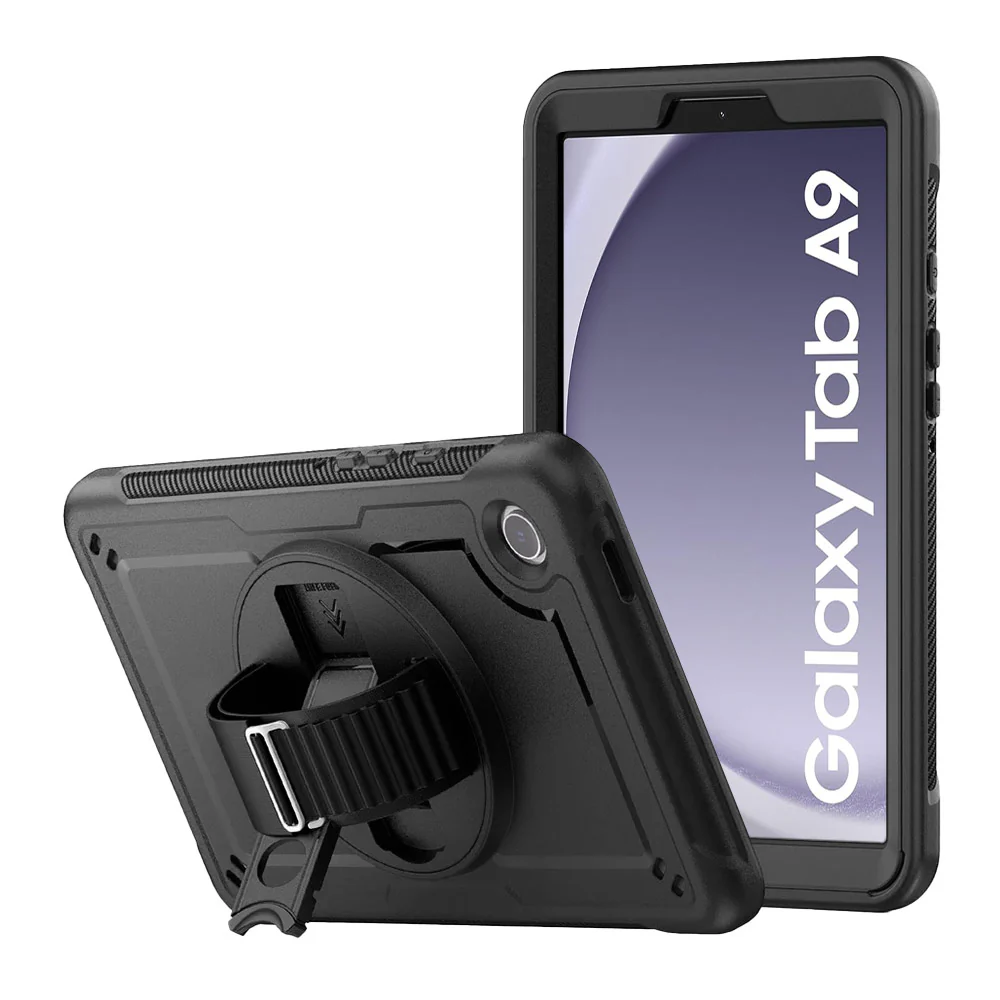 HEN-SS-X110 | Samsung Galaxy Tab A9 ( 8.7" ) SM-X110 / SM-X115 | 2 Layers Protective Rugged Case with Loopback Hand Strap and Kick-stand