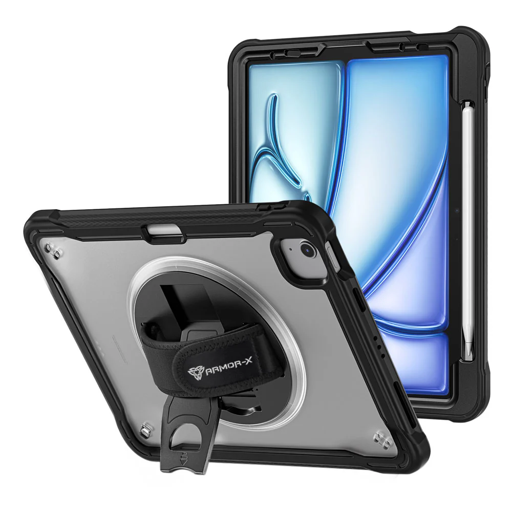 HLN-iPad-A5 | iPad Air 11 (M2) / (M3) / (M4) | 2 Layers Protective Rugged Case with Hand Strap and Kick-stand