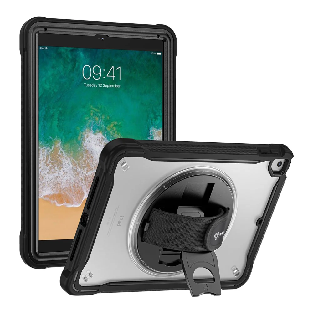 HLN-iPad-N2 | iPad 9.7 ( 5th / 6th Gen. ) 2017 / 2018 | 2 Layers Protective Rugged Case with Hand Strap and Kick-stand