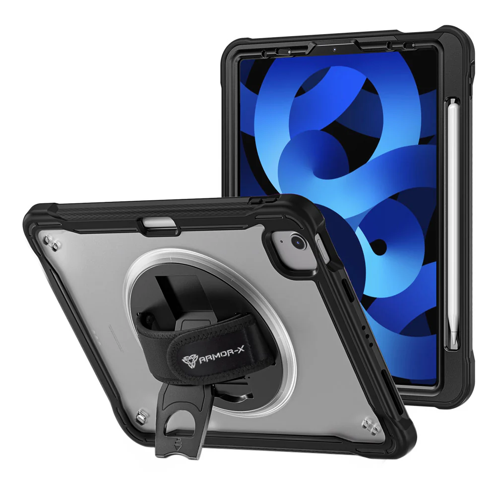 HLN-iPad-PR6 | iPad Air 4 2020 / iPad Air 5 2022 | 2 Layers Protective Rugged Case with Hand Strap and Kick-stand