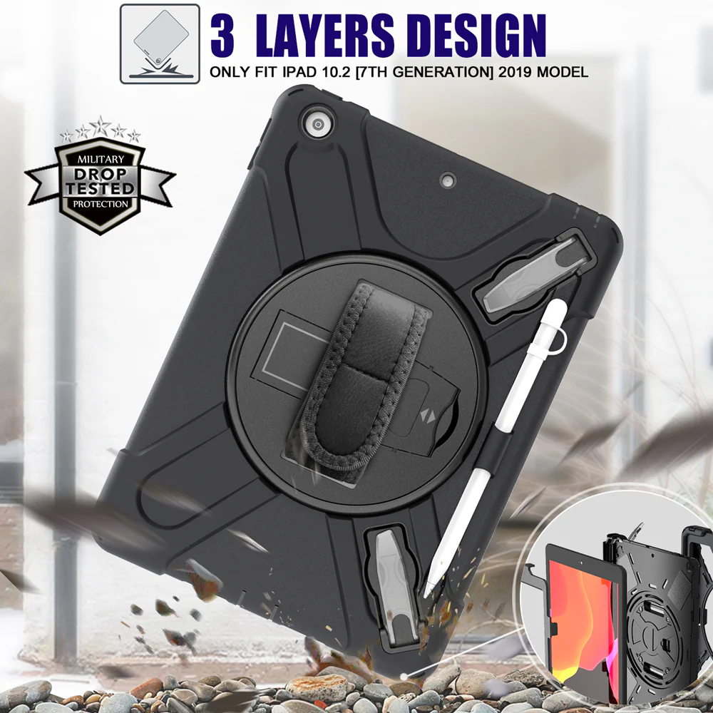 JAN-iPad-N3 | iPad 10.2 (7th & 8th & 9th Gen.) 2019 / 2020 / 2021 | Ultra 3 layers shockproof rugged case with hand strap and kick-stand & pen holder - Image 4