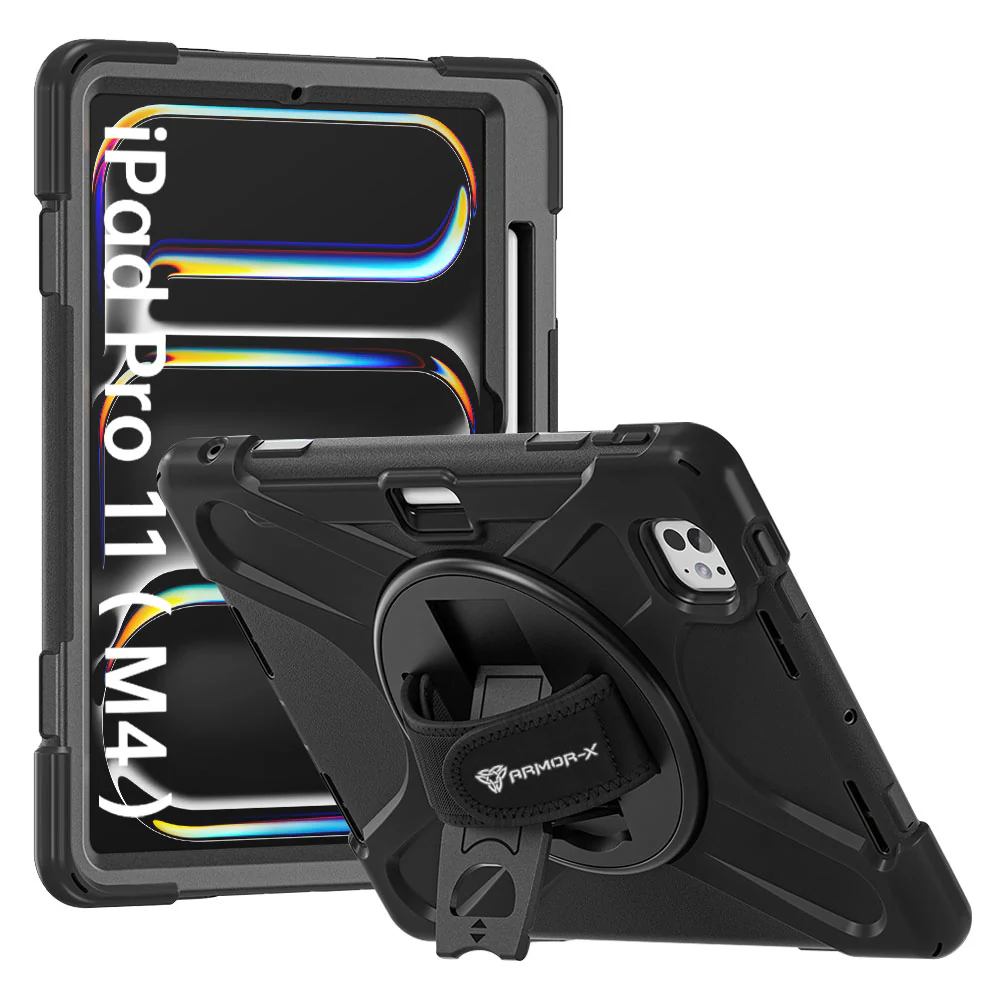 JLN-iPad-PR11 | iPad Pro 11 (M4) / (M5) | Ultra 3 Layers Shockproof Rugged Case With Hand Strap, Kick-stand & Wireless Charging Pen Holder