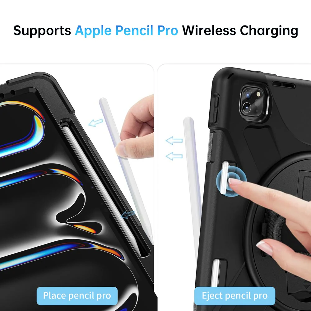 JLN-iPad-PR11 | iPad Pro 11 (M4) / (M5) | Ultra 3 Layers Shockproof Rugged Case With Hand Strap, Kick-stand & Wireless Charging Pen Holder - Image 8