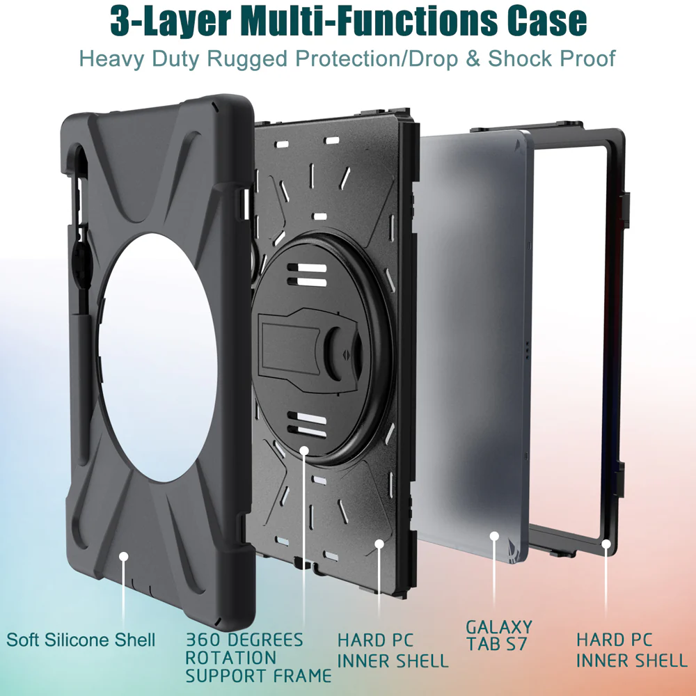 JLN-SS-S7 | Samsung Galaxy Tab S7 SM-T870 / SM-T875 / SM-T876B | Ultra 3 layers shockproof rugged case with hand strap and kick-stand - Image 8