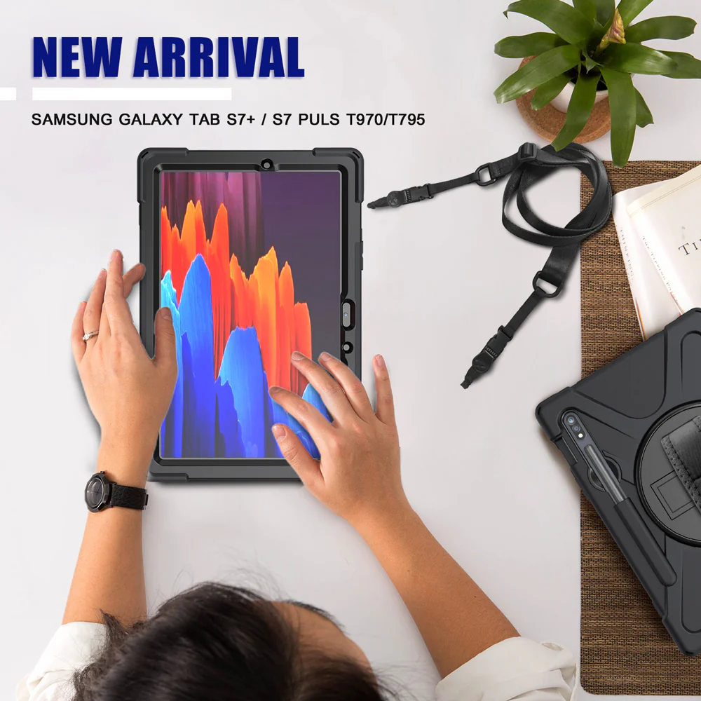 JLN-SS-S7P | Samsung Galaxy Tab S7 Plus S7+ SM-T970 / T975 / T976B | Ultra 3 layers shockproof rugged case with hand strap and kick-stand - Image 7