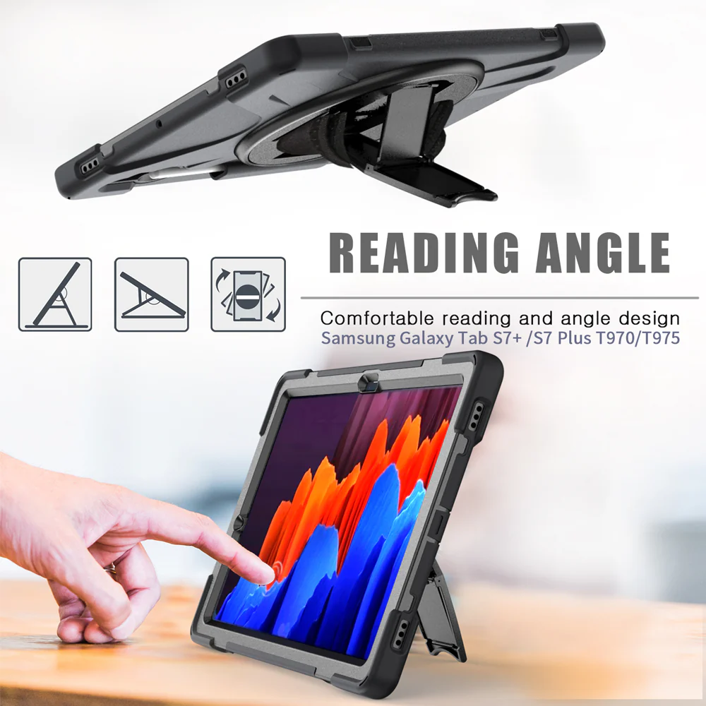 JLN-SS-S7P | Samsung Galaxy Tab S7 Plus S7+ SM-T970 / T975 / T976B | Ultra 3 layers shockproof rugged case with hand strap and kick-stand - Image 9