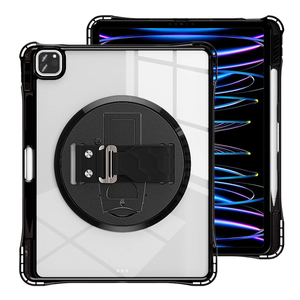 KLN-iPad-A6 | iPad Pro 12.9 ( 3rd / 4th / 5th / 6th Gen. ) 2018 / 2020 / 2021 / 2022 | Transparent Protective Case with Hand Strap and Kick-stand