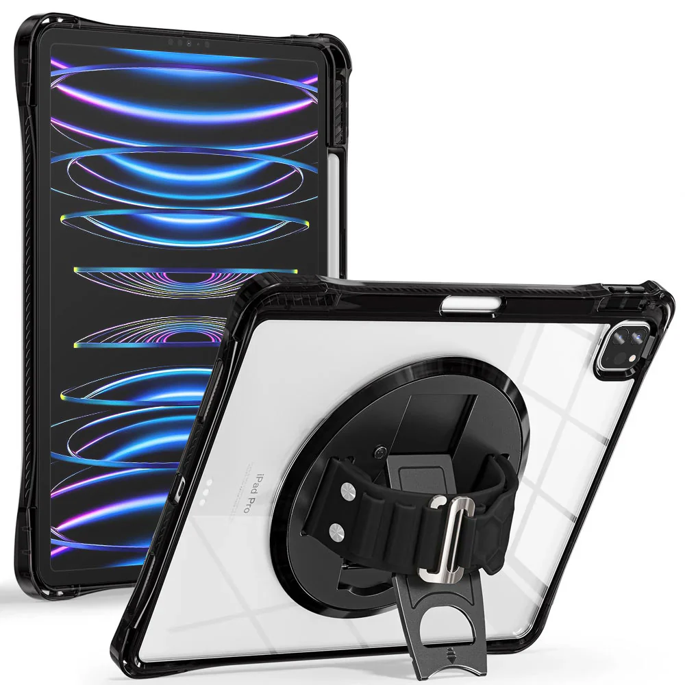 KLN-iPad-A6 | iPad Pro 12.9 ( 3rd / 4th / 5th / 6th Gen. ) 2018 / 2020 / 2021 / 2022 | Transparent Protective Case with Hand Strap and Kick-stand - Image 2