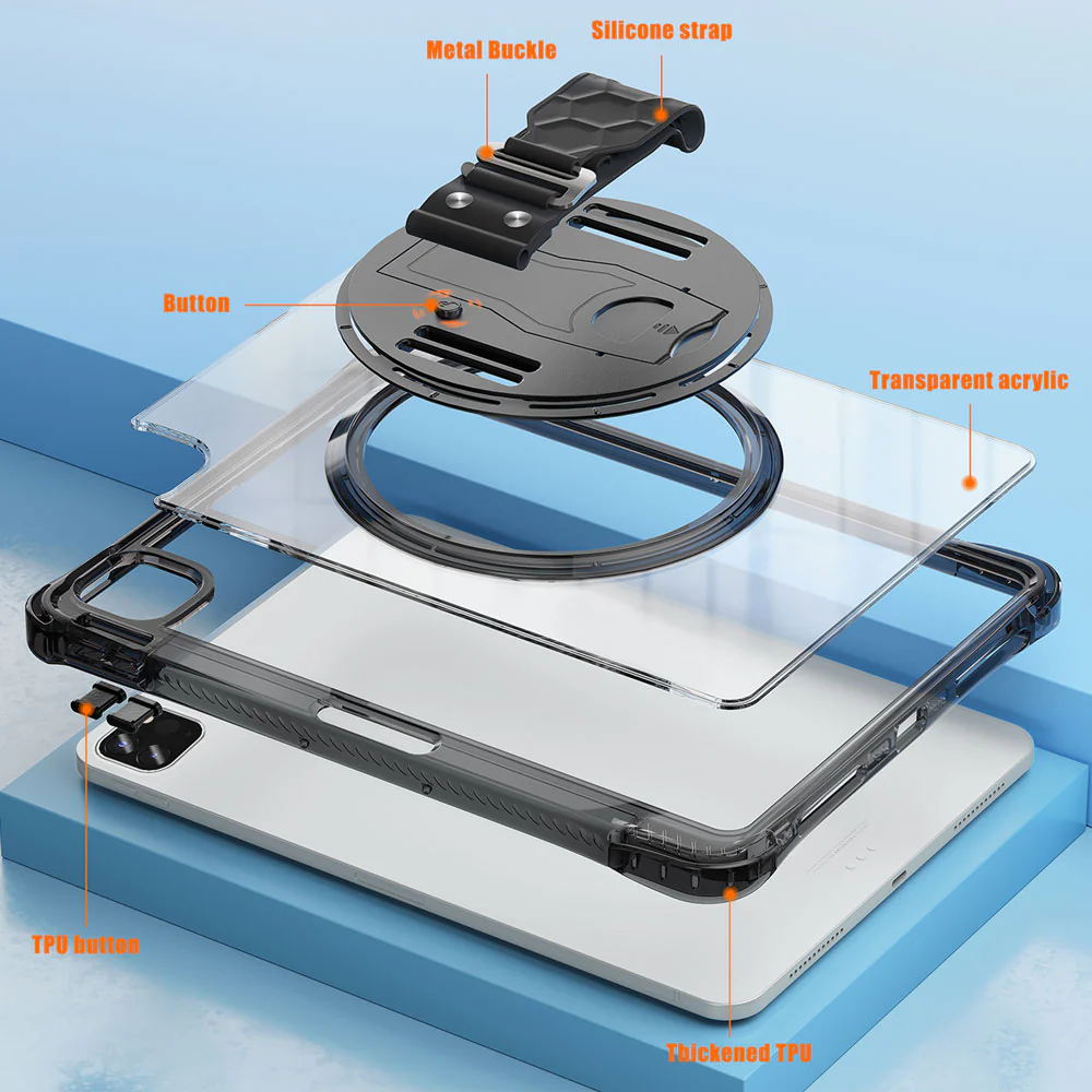 KLN-iPad-A6 | iPad Pro 12.9 ( 3rd / 4th / 5th / 6th Gen. ) 2018 / 2020 / 2021 / 2022 | Transparent Protective Case with Hand Strap and Kick-stand - Image 4