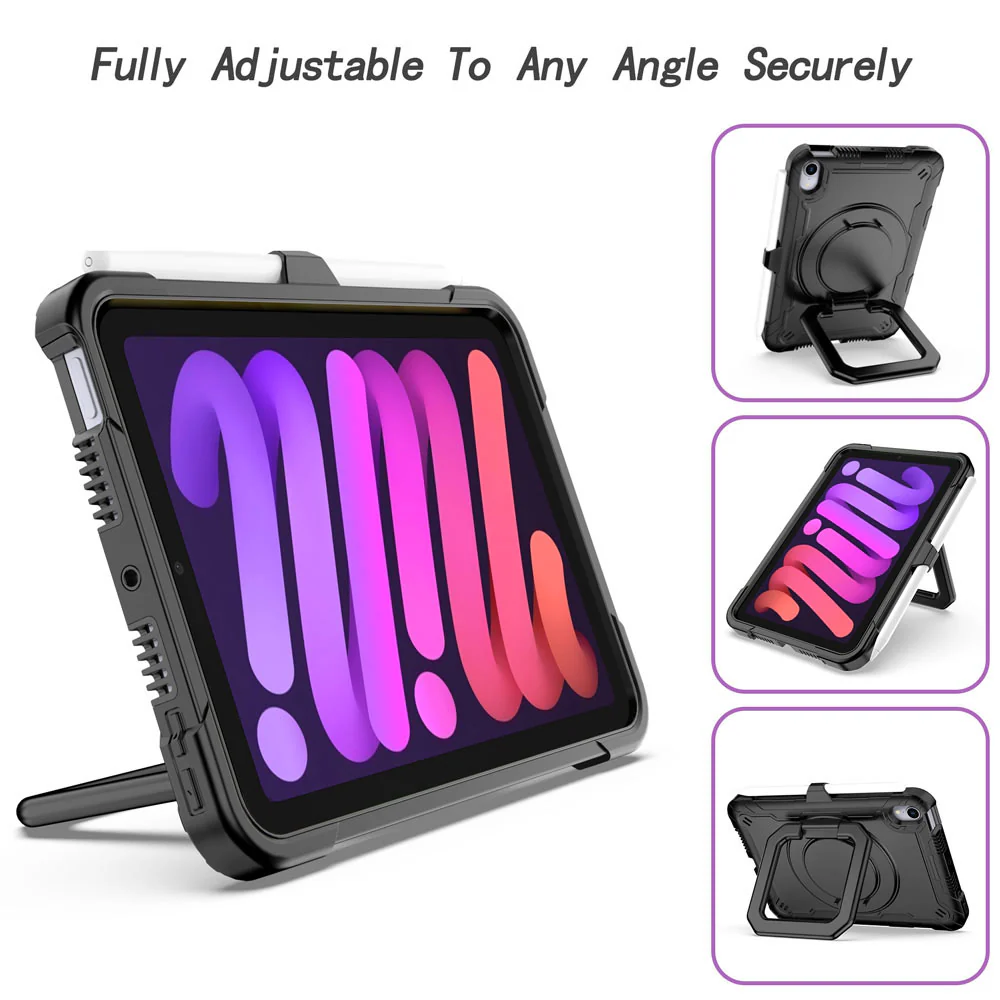 KON-iPad-M6 | iPad mini 6 | Rugged Case with Kick-stand & pencil holder & folding grip - Image 3
