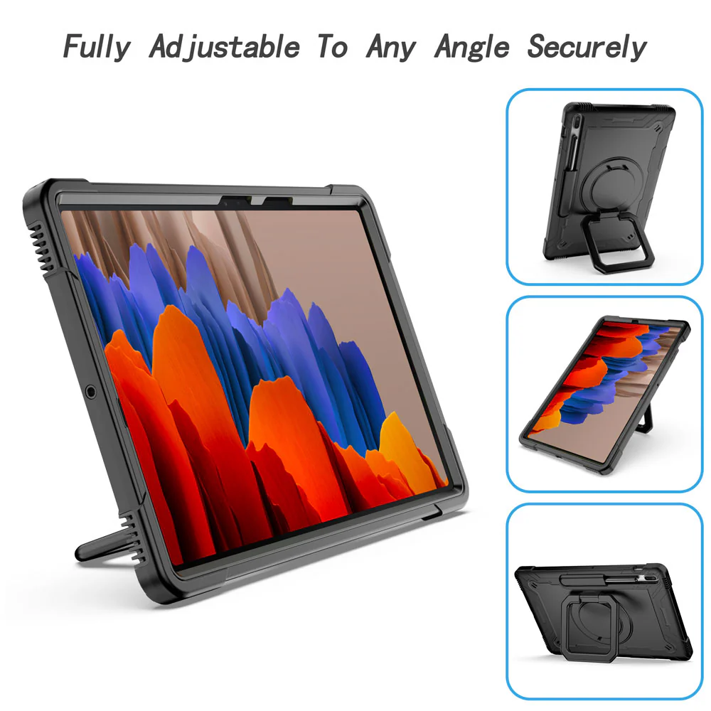KON-SS-T970 | Samsung Galaxy Tab S7 Plus S7+ SM-T970 / T975 / T976B | Rugged case with kick-stand & pencil Holder & folding grip - Image 3