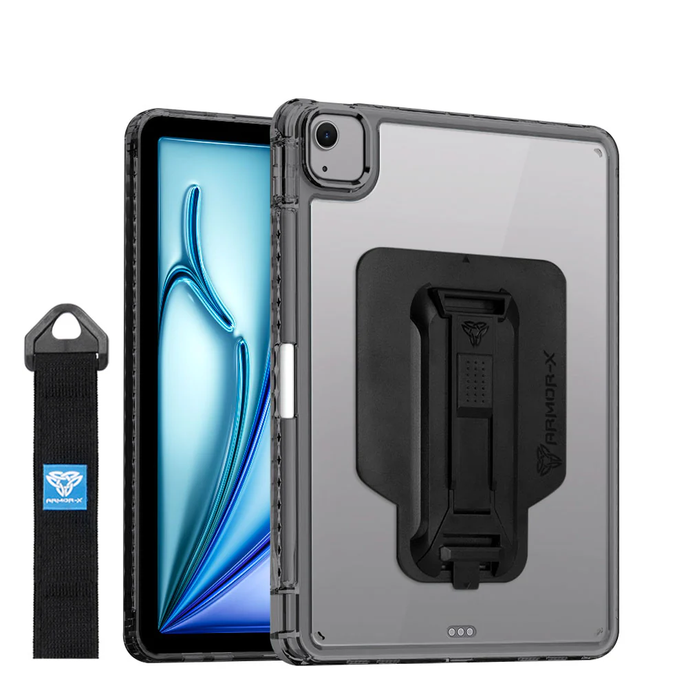 KXS-iPad-A5 | iPad Air 11 (M2) / (M3) / (M4) | Transparent Protective Rugged Case with hand strap & kick-stand & X-Mount