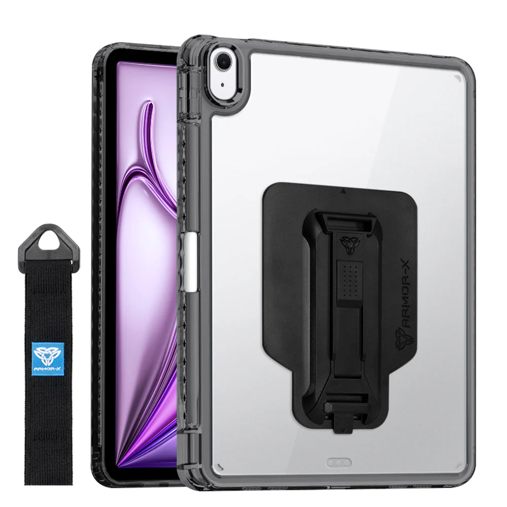 KXS-iPad-A6 | iPad Air 13 (M2) / (M3) / (M4) | Transparent Protective Rugged Case with hand strap & kick-stand & X-Mount
