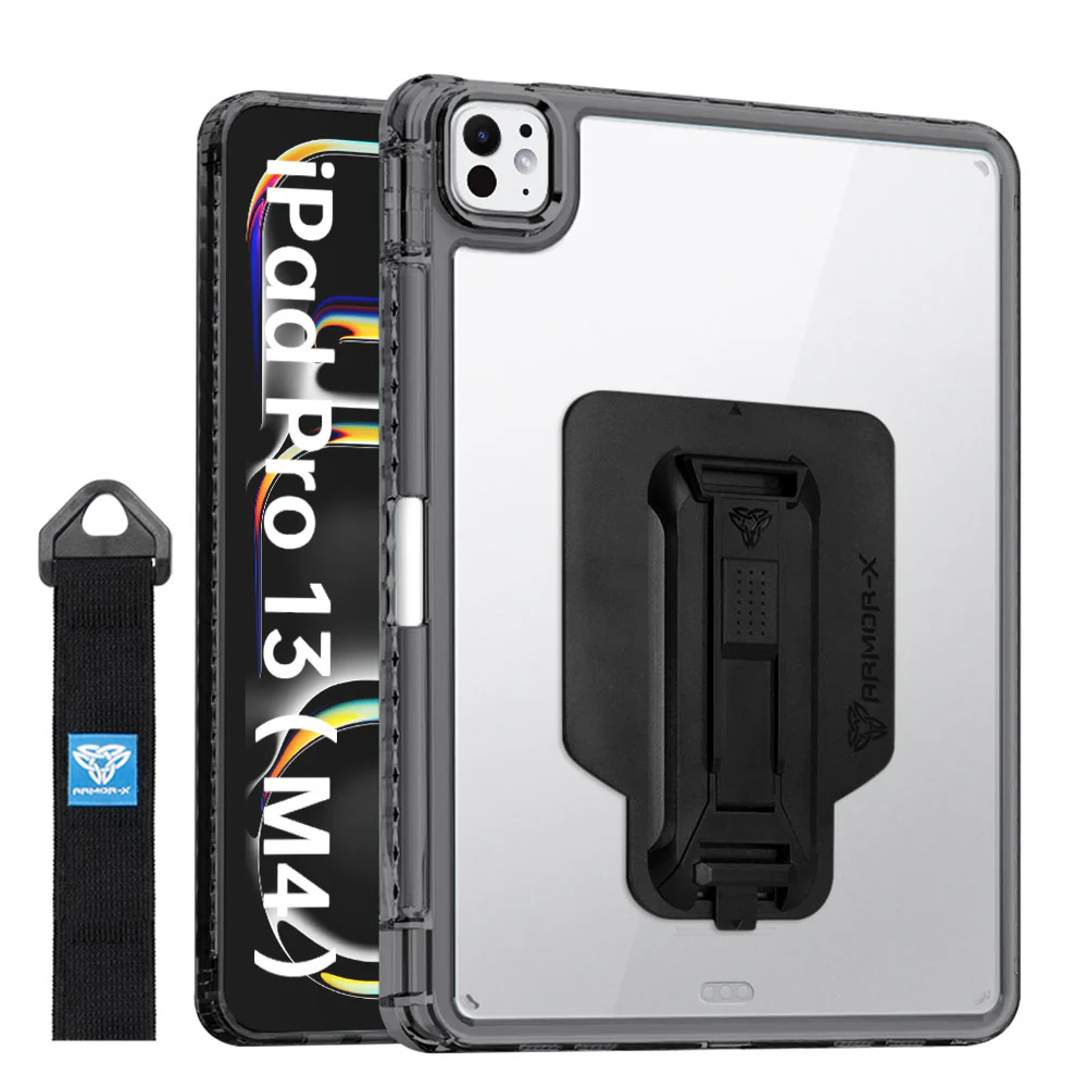 KXS-iPad-PR10 | iPad Pro 13 (M4) / (M5) | Transparent Protective Rugged Case with hand strap & kick-stand & X-Mount
