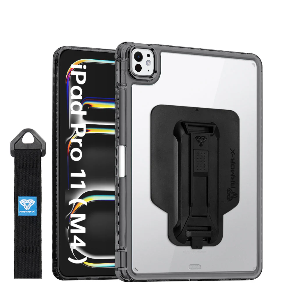 KXS-iPad-PR11 | iPad Pro 11 (M4) / (M5) | Transparent Protective Rugged Case with hand strap & kick-stand & X-Mount
