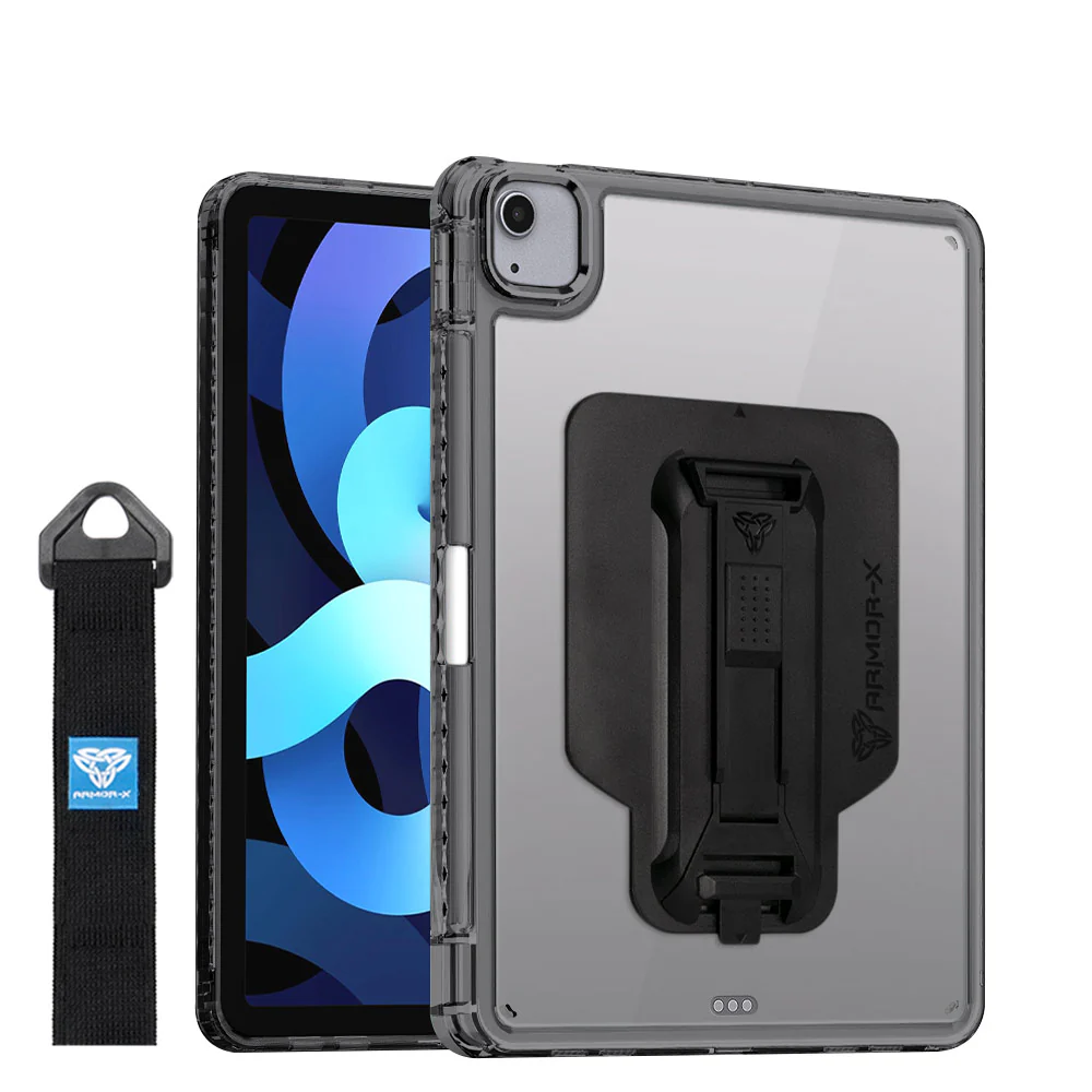 KXS-iPad-PR6 | iPad Air 4 2020 / iPad Air 5 2022 | Transparent Protective Rugged Case with hand strap & kick-stand & X-Mount