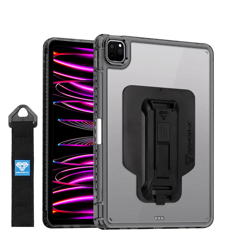 KXS-iPad-PR6 | iPad Pro 11 ( 1st / 2nd / 3rd / 4th Gen. ) 2018 / 2020 / 2021 / 2022 | Transparent Protective Rugged Case with hand strap & kick-stand & X-Mount