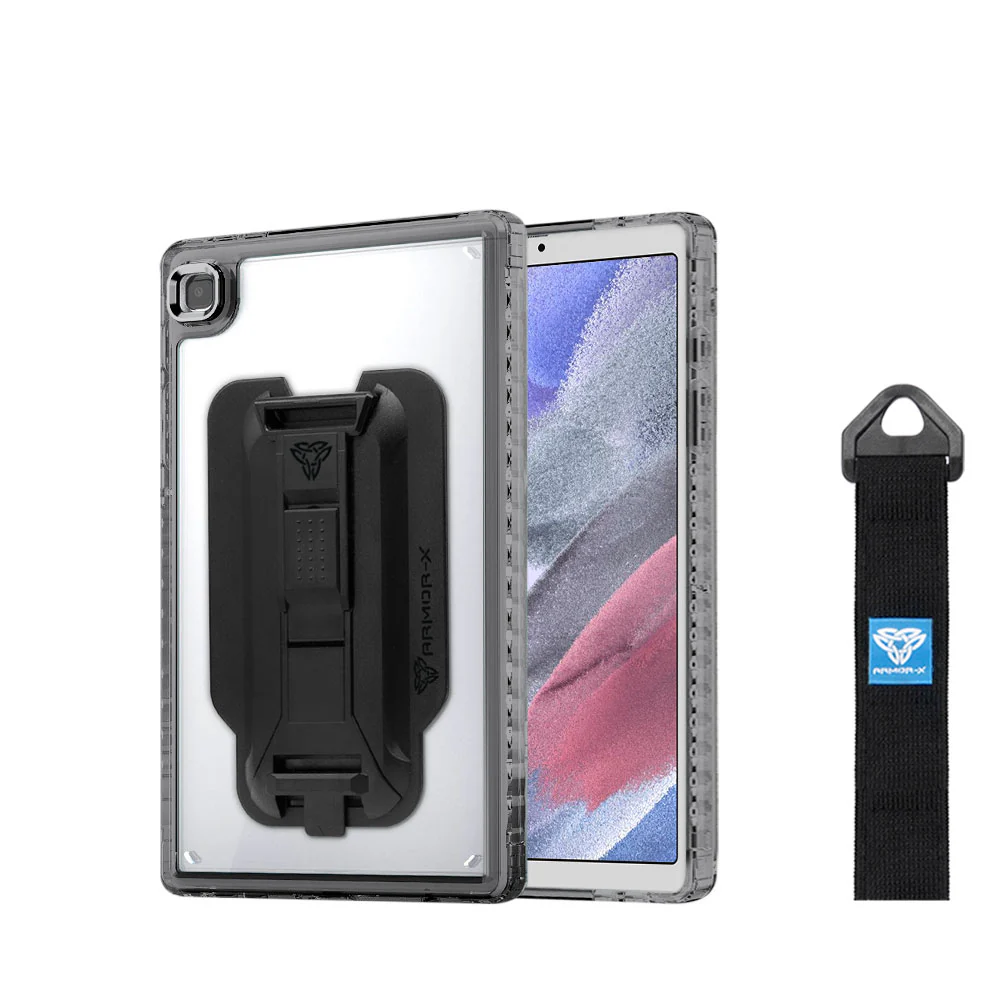 KXS-SS-T225 | Samsung Galaxy Tab A7 Lite SM-T225 / SM-T220 / SM-T225N / SM-T227U | Transparent Protective Rugged Case with hand strap & kick-stand & X-Mount
