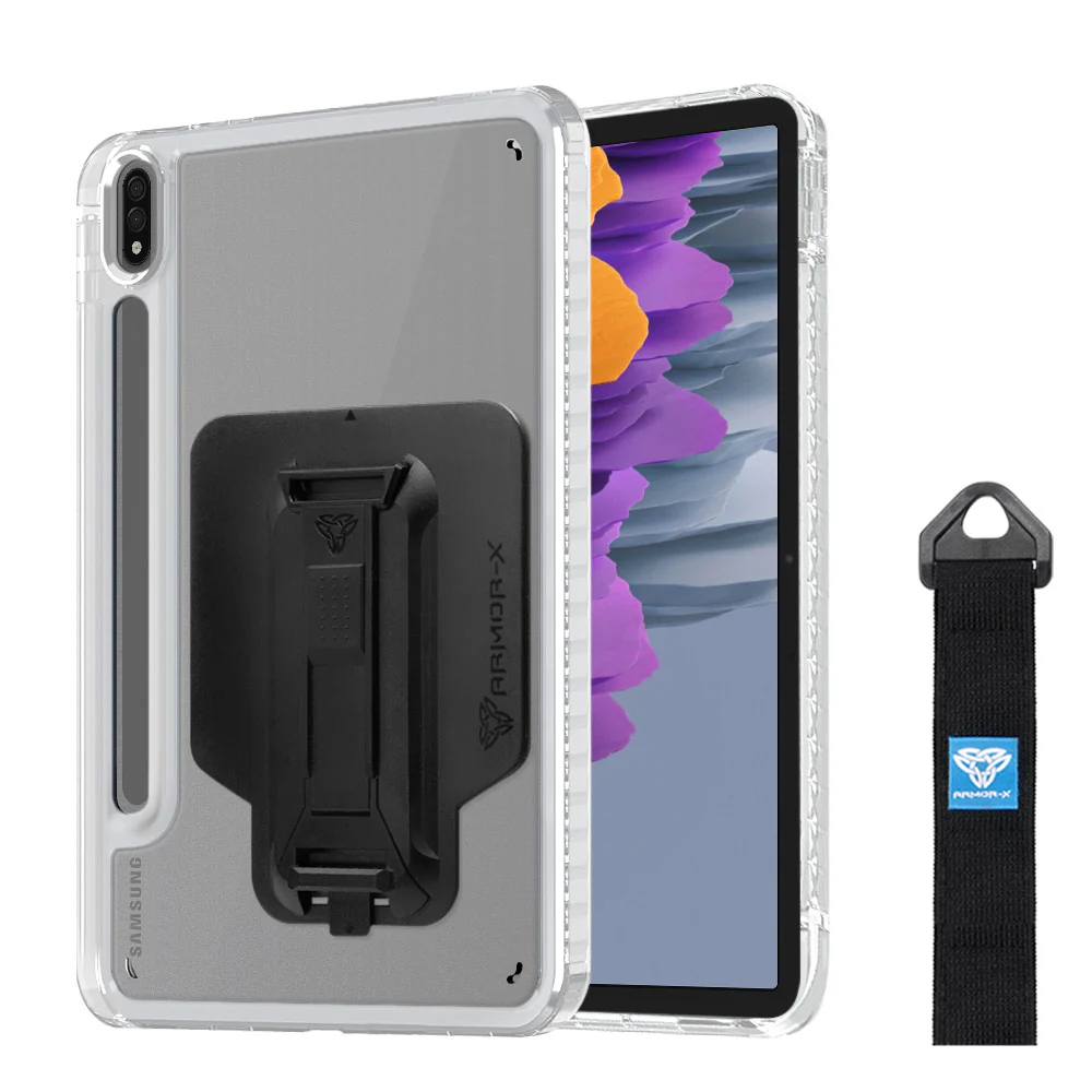KXS-SS-X700 | Samsung Galaxy Tab S7 SM-T870 / SM-T875 / SM-T876B | Transparent Protective Rugged Case with hand strap & kick-stand & X-Mount - Image 5
