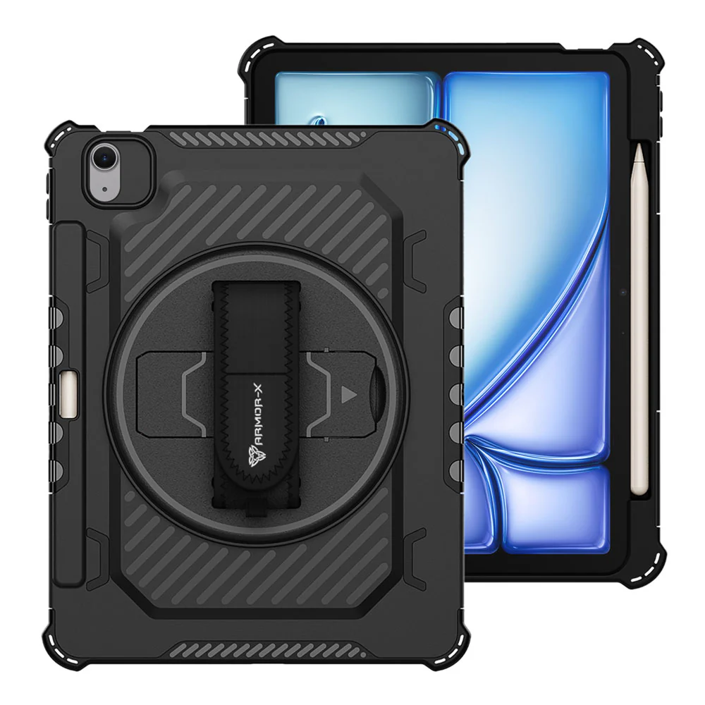 LGN-iPad-A5 | iPad Air 11 (M2) / (M3) / (M4) | 2 Layers Shockproof Rugged Case with Hand Strap and Kick-stand