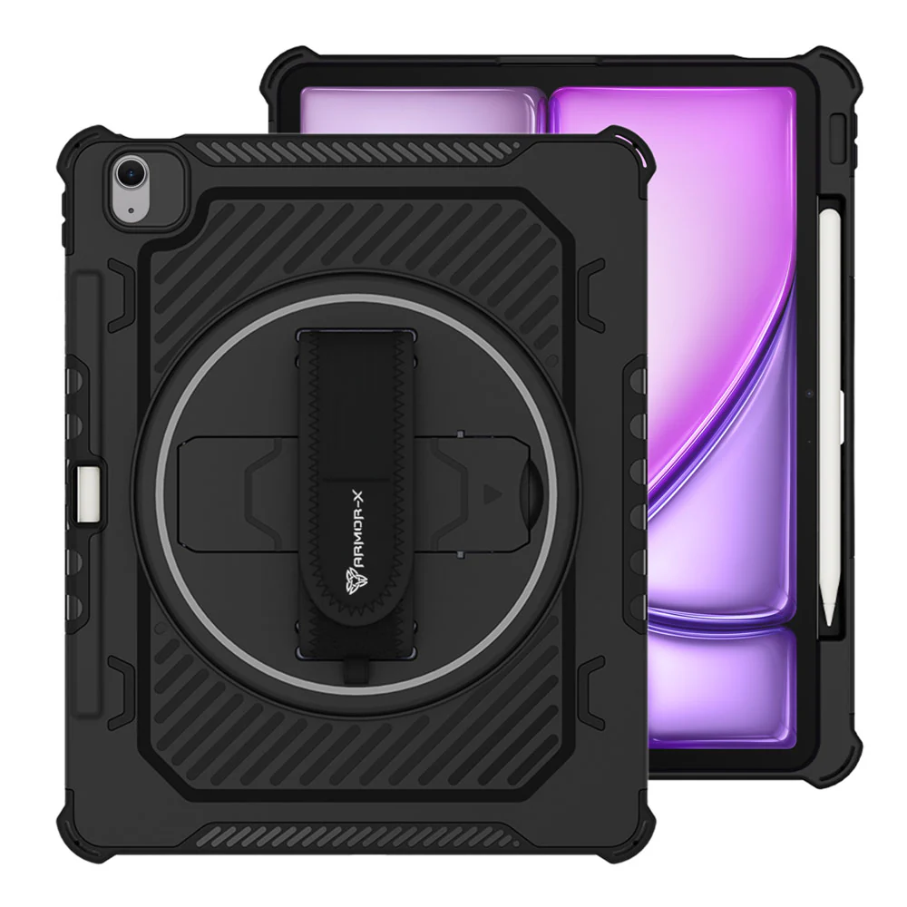 LGN-iPad-A6 | iPad Air 13 (M2) / (M3) / (M4) | 2 Layers Shockproof Rugged Case with Hand Strap and Kick-stand