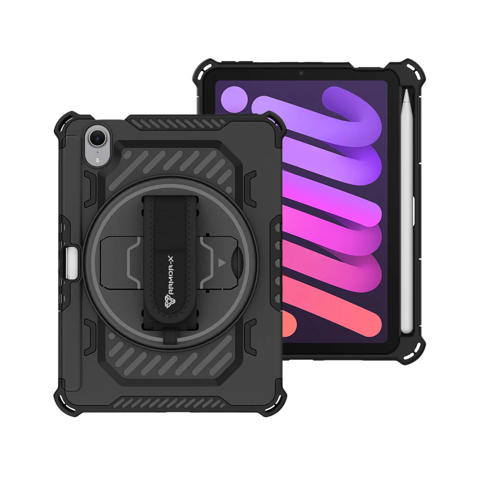 LGN-iPad-M6 | iPad mini (A17 Pro) | 2 Layers Shockproof Rugged Case with Hand Strap and Kick-stand