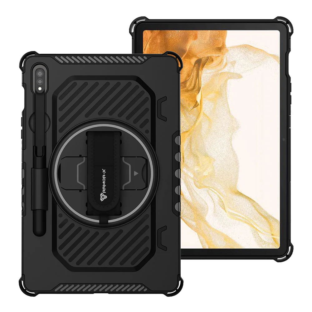 LGN-SS-X710 | Samsung Galaxy Tab S8 SM-X700 / SM-X706 | 2 Layers Shockproof Rugged Case with Hand Strap and Kick-stand