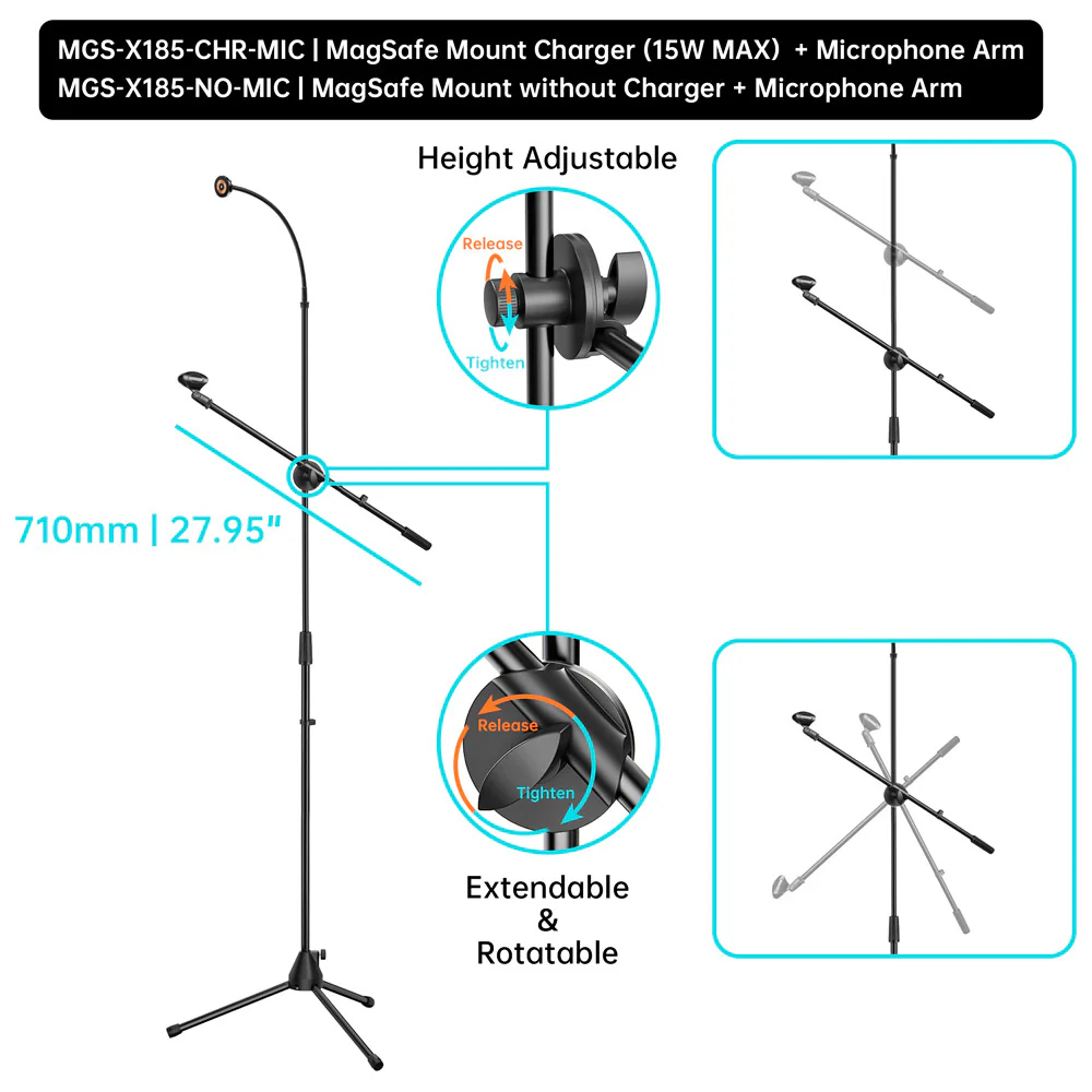 MGS-X185 | Tripod Floor Stand With Boom Microphone Arm | MagSafe / Pixelsnap 15W Fast Charger | Design for iPhone & Smartphone - Image 5