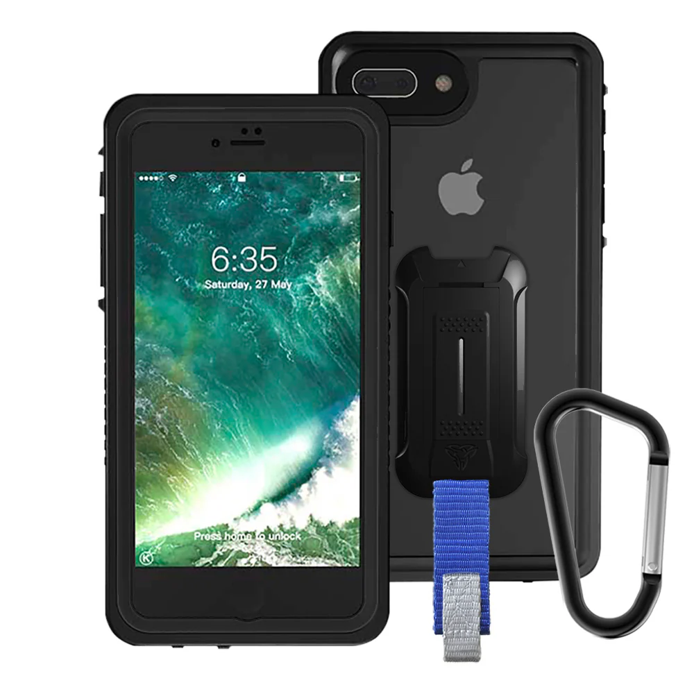 MX-i7P-BK | iPhone 8 Plus Waterproof Case | IP68 shock & water proof Cover w/ X-Mount & Carabiner