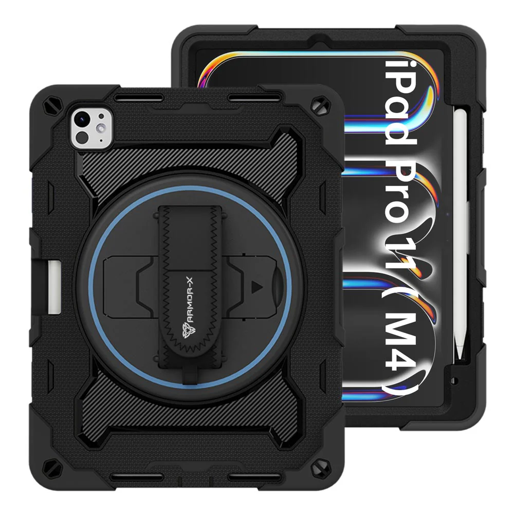 NBN-iPad-PR11PN | iPad Pro 11 (M4) / (M5) | Ultra 3 Layers Shockproof Rugged Case with Hand Strap and Kick-Stand & Built in pen holder