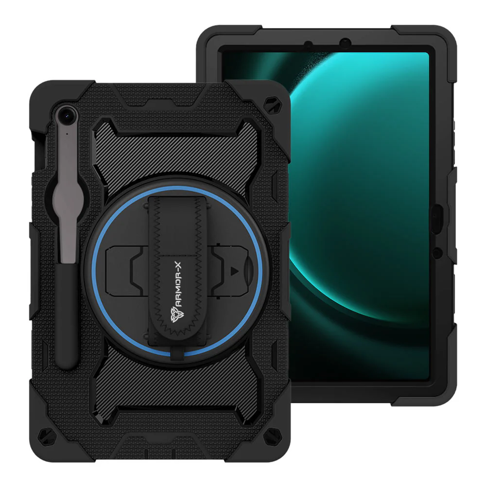 NBN-SS-X710 | Samsung Galaxy Tab S9 FE SM-X510 X516 X518 | Ultra 3 Layers Shockproof Rugged Case with Hand Strap and Kick-Stand