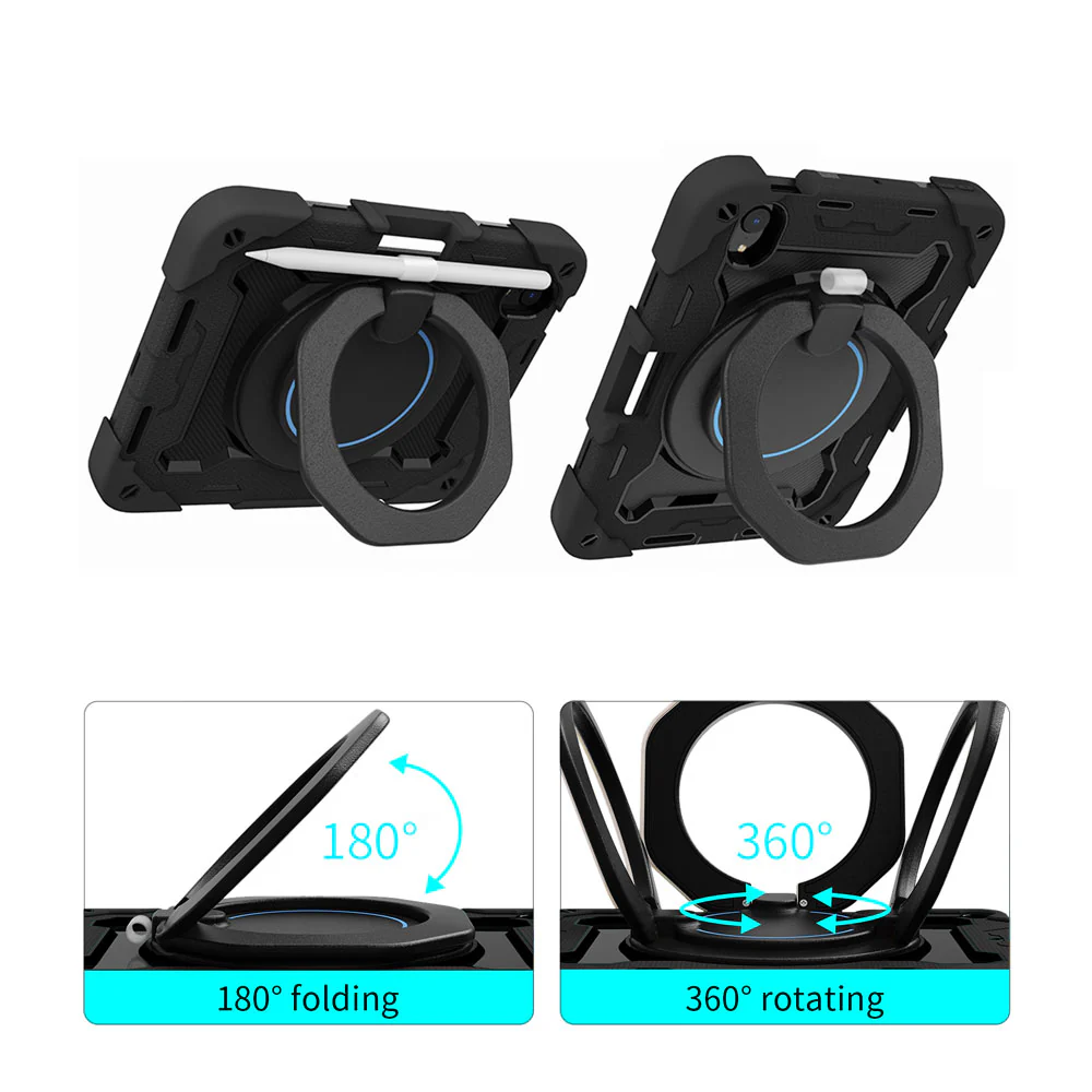 NON-iPad-M6 | iPad mini 6 | Rugged Case with Kick-Stand & Folding Grip & Pencil Holder - Image 2