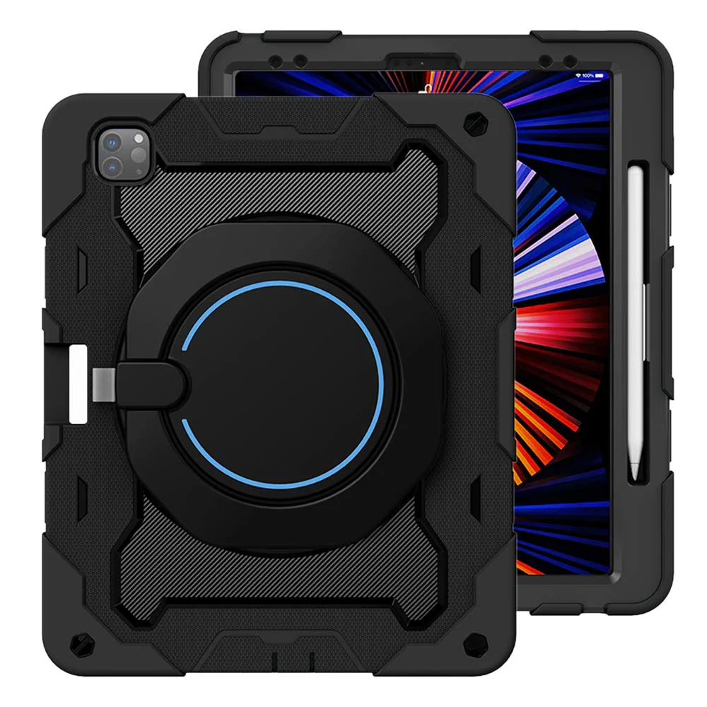 NON-iPad-PR7 | iPad Pro 12.9 ( 3rd / 4th / 5th / 6th Gen. ) 2018 / 2020 / 2021 / 2022 | Rugged Case with Kick-Stand & Folding Grip & Pencil Holder