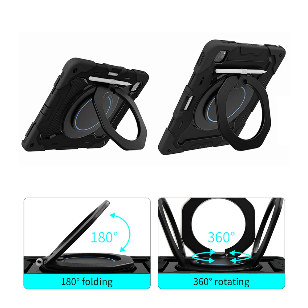 NON-iPad-PR7 | iPad Pro 12.9 ( 3rd / 4th / 5th / 6th Gen. ) 2018 / 2020 / 2021 / 2022 | Rugged Case with Kick-Stand & Folding Grip & Pencil Holder - Image 2