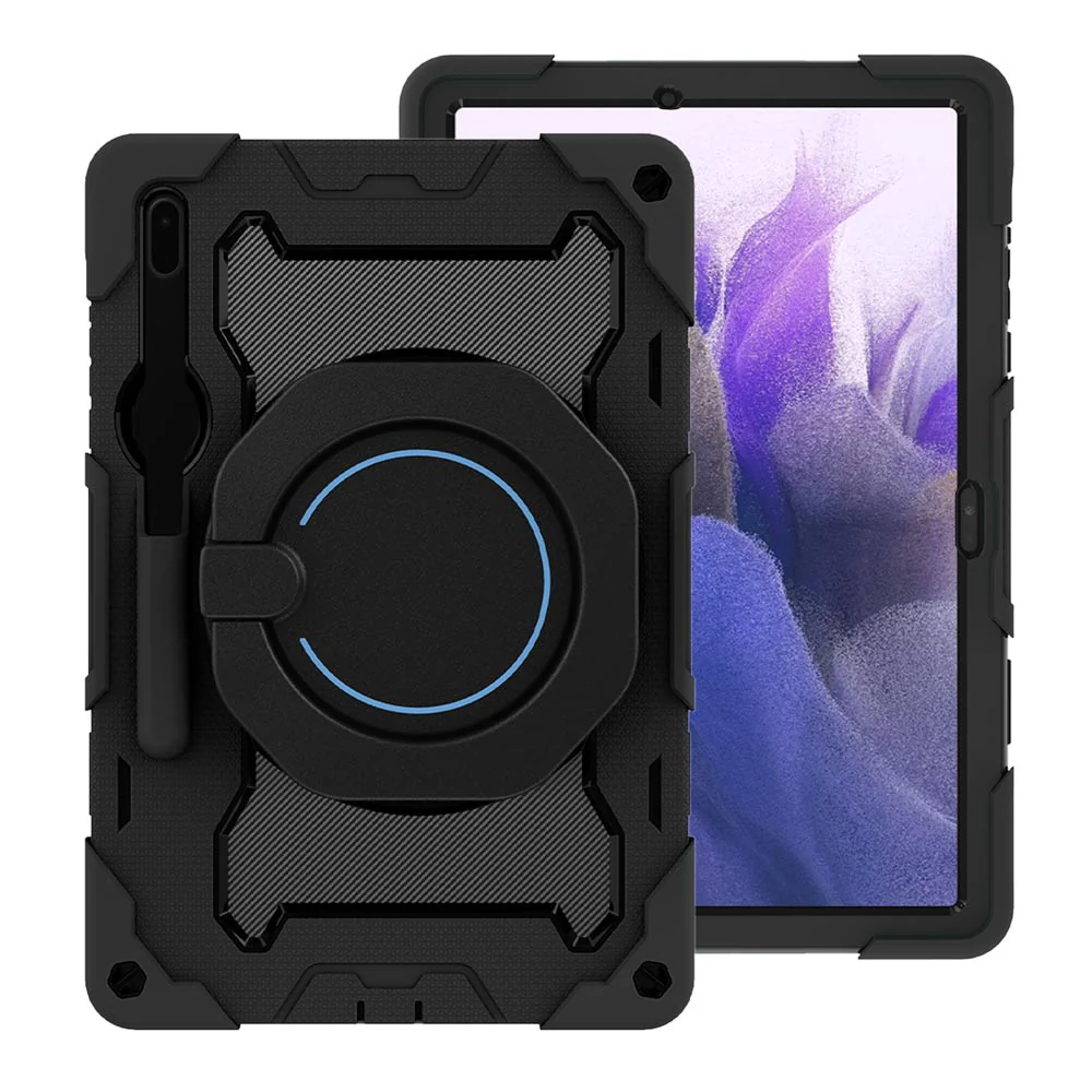 NON-SS-T970 | Samsung Galaxy Tab S7 FE SM-T730 / T733 / T736B / T735NZ | Rugged Case with Kick-Stand & Folding Grip & Pencil Holder