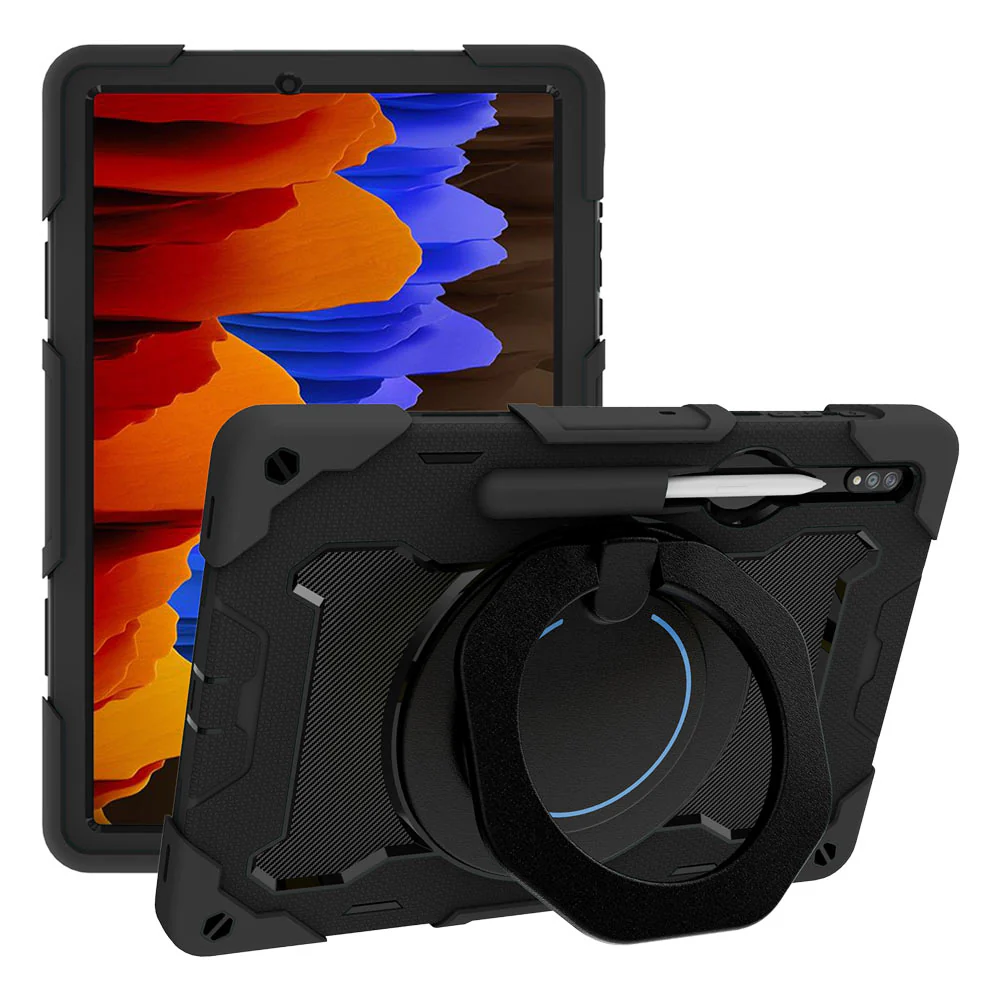 NON-SS-T970 | Samsung Galaxy Tab S7 Plus S7+ SM-T970 / T975 / T976B | Rugged Case with Kick-Stand & Folding Grip & Pencil Holder - Image 4