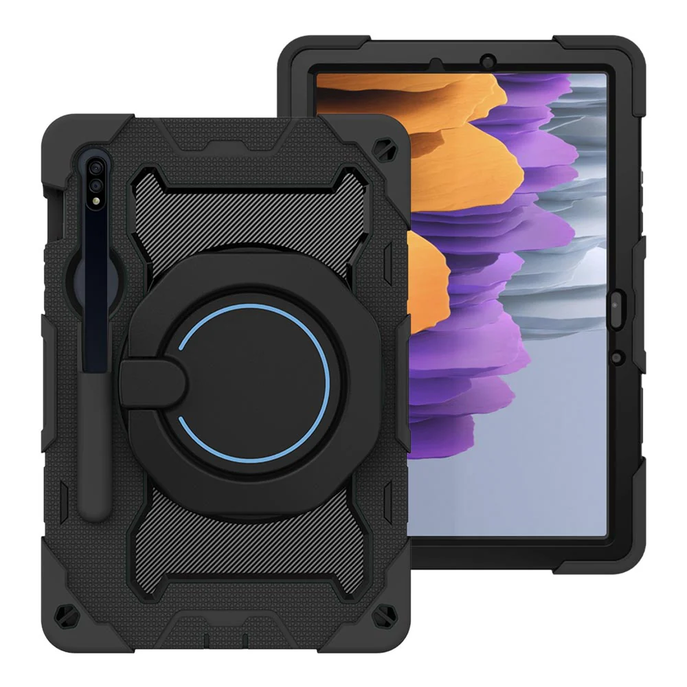 NON-SS-X710 | Samsung Galaxy Tab S7 SM-T870 / SM-T875 / SM-T876B | Rugged Case with Kick-Stand & Folding Grip & Pencil Holder