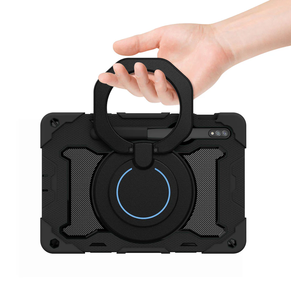 NON-SS-X710 | Samsung Galaxy Tab S8 SM-X700 / SM-X706 | Rugged Case with Kick-Stand & Folding Grip & Pencil Holder - Image 6