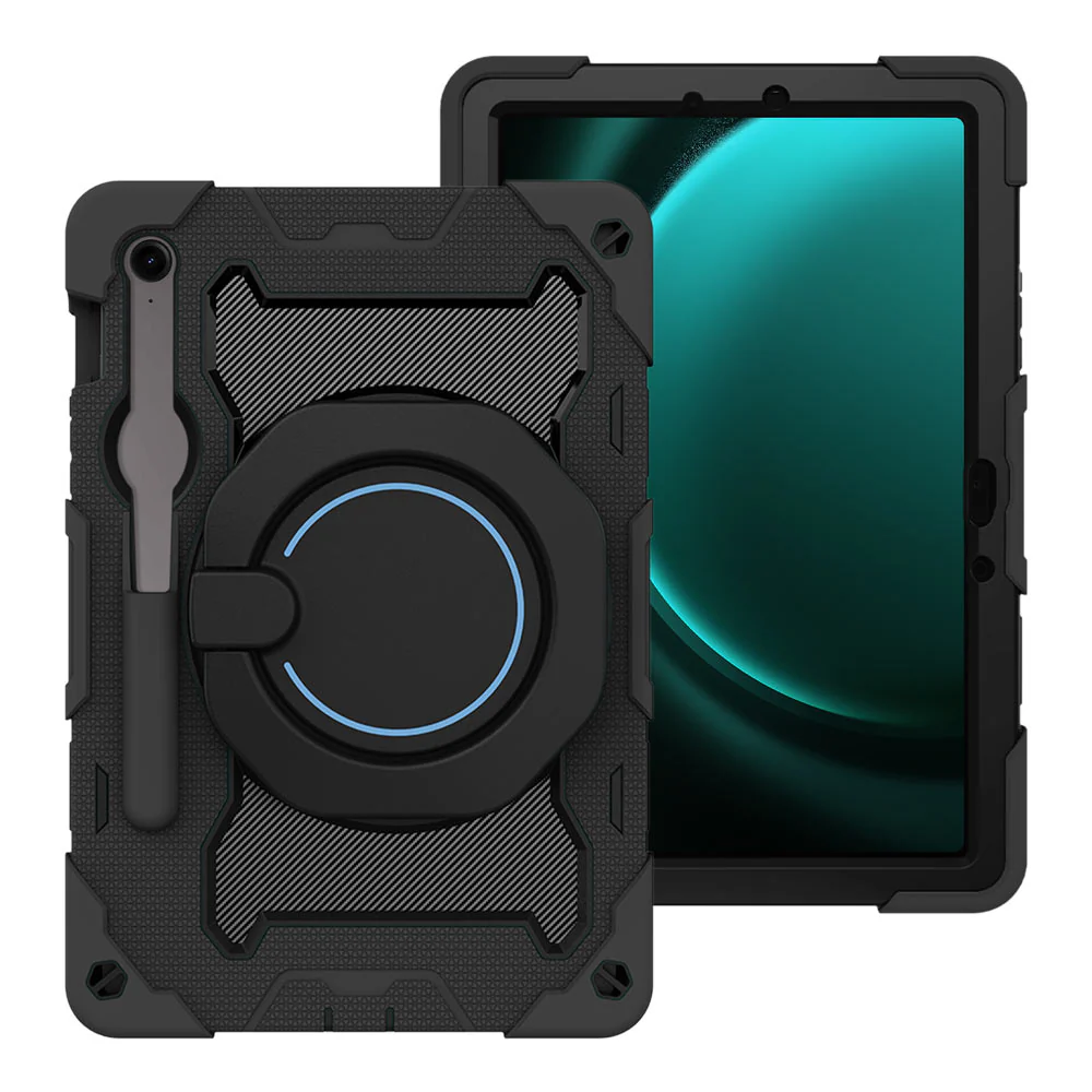 NON-SS-X710 | Samsung Galaxy Tab S9 FE SM-X510 X516 X518 | Rugged Case with Kick-Stand & Folding Grip & Pencil Holder