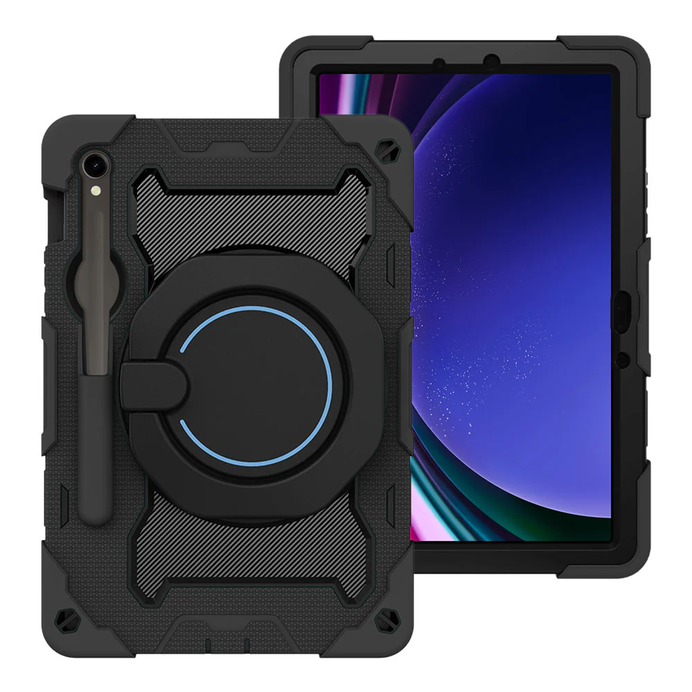 NON-SS-X710 | Samsung Galaxy Tab S9 SM-X710 / X716 / X718 | Rugged Case with Kick-Stand & Folding Grip & Pencil Holder