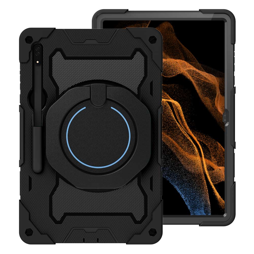 NON-SS-X900 | Samsung Galaxy Tab S8 Ultra SM-X900 / X906 | Rugged Case with Kick-Stand & Folding Grip & Pencil Holder