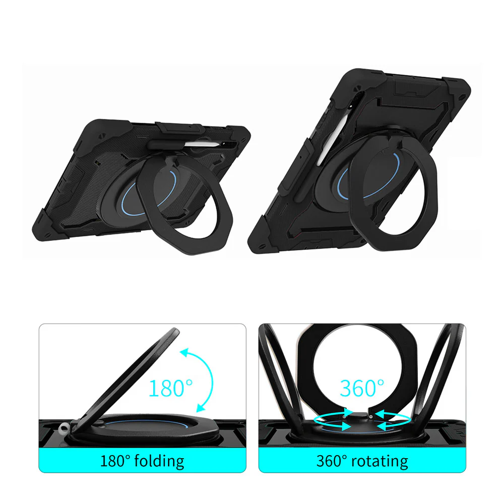 NON-SS-X900 | Samsung Galaxy Tab S8 Ultra SM-X900 / X906 | Rugged Case with Kick-Stand & Folding Grip & Pencil Holder - Image 2