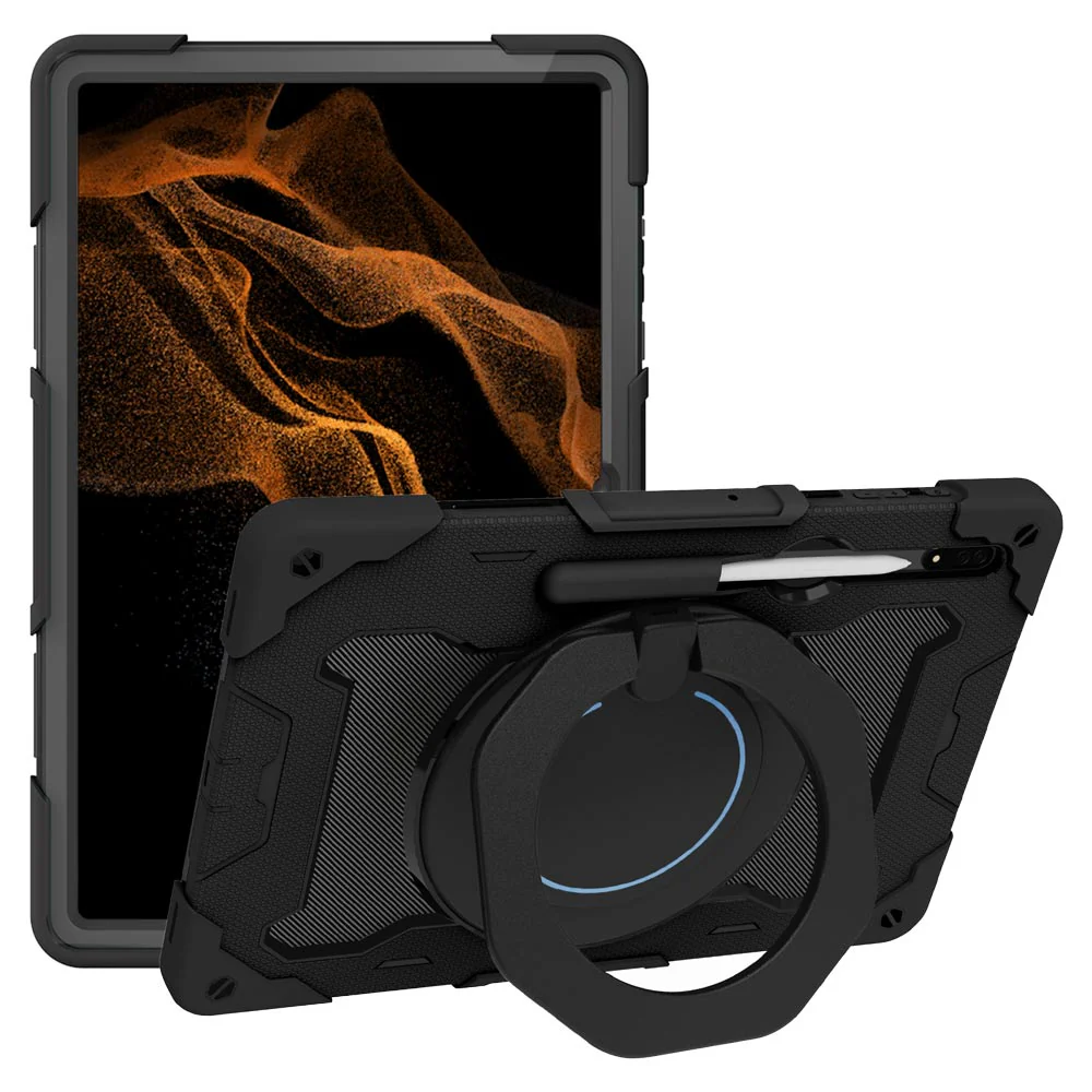 NON-SS-X900 | Samsung Galaxy Tab S8 Ultra SM-X900 / X906 | Rugged Case with Kick-Stand & Folding Grip & Pencil Holder - Image 4