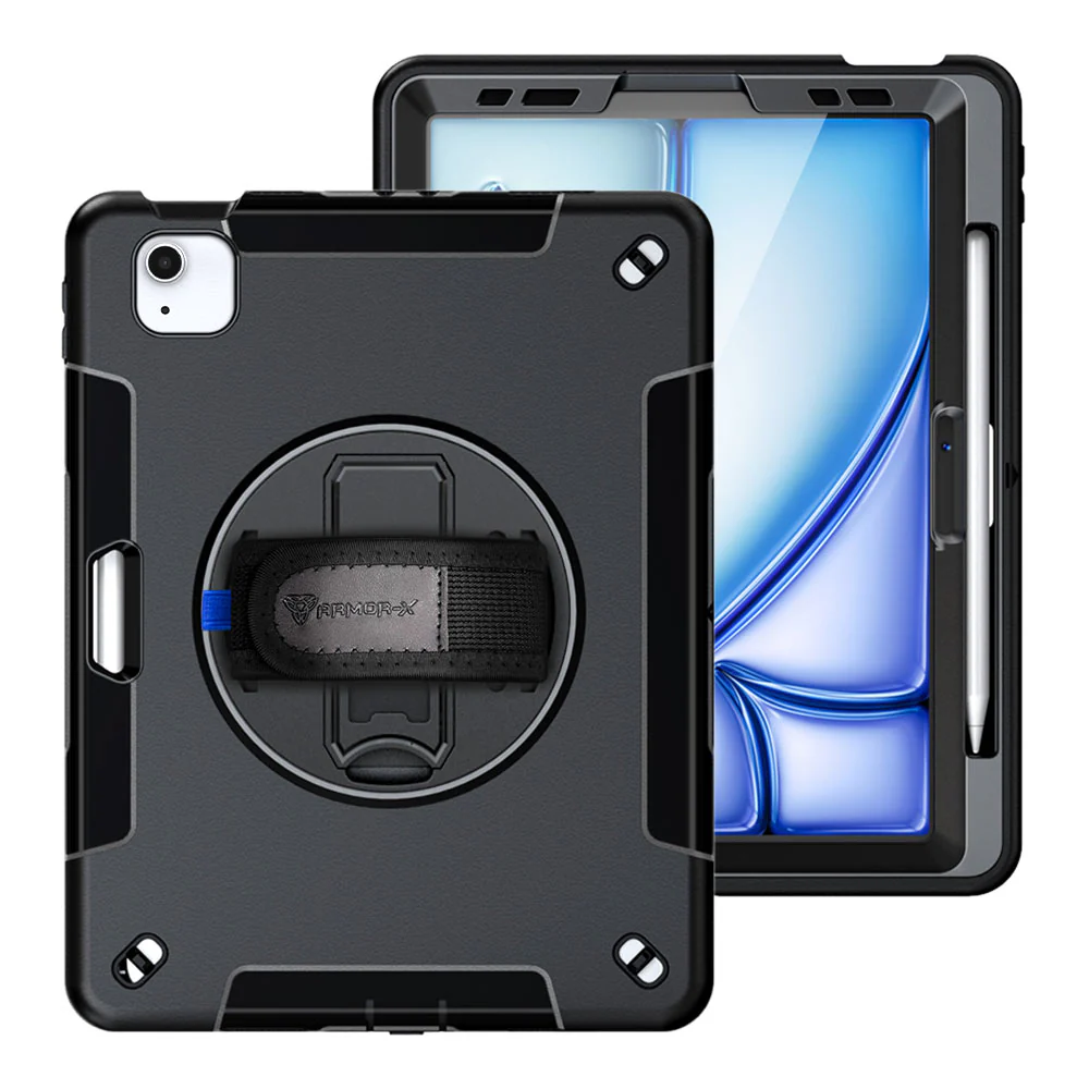 RIN-iPad-A5 | iPad Air 11 (M2) / (M3) / (M4) | Rainproof military grade rugged case with hand strap & kick-stand (built-in screen protector) - Image 12