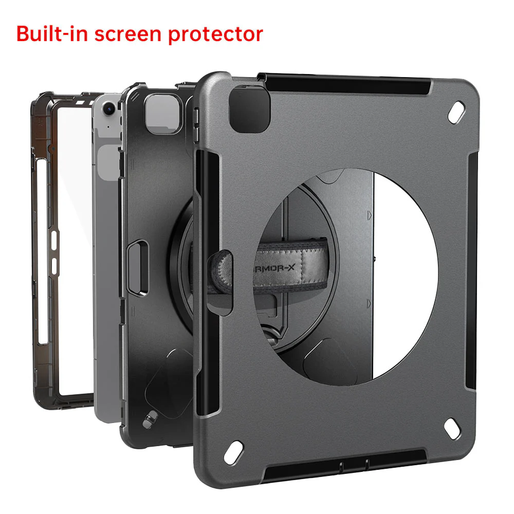 RIN-iPad-A6 | iPad Air 13 (M2) / (M3) / (M4) | Rainproof military grade rugged case with hand strap & kick-stand (built-in screen protector) - Image 10
